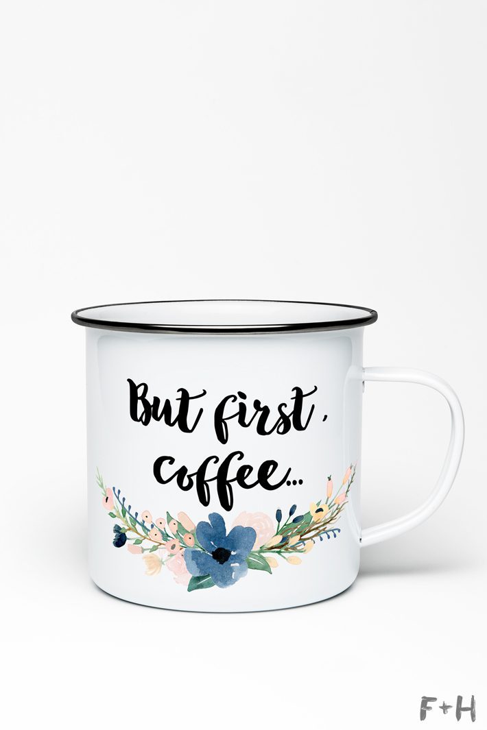 white enamel coffee mug with writing and flowers 