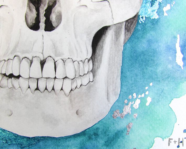 Watercolor Floral Skull, Human Skull, print of original watercolour  painting 