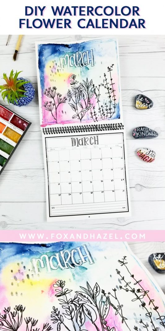 diy watercolor flower calendar - fox + hazel - pinterest-long