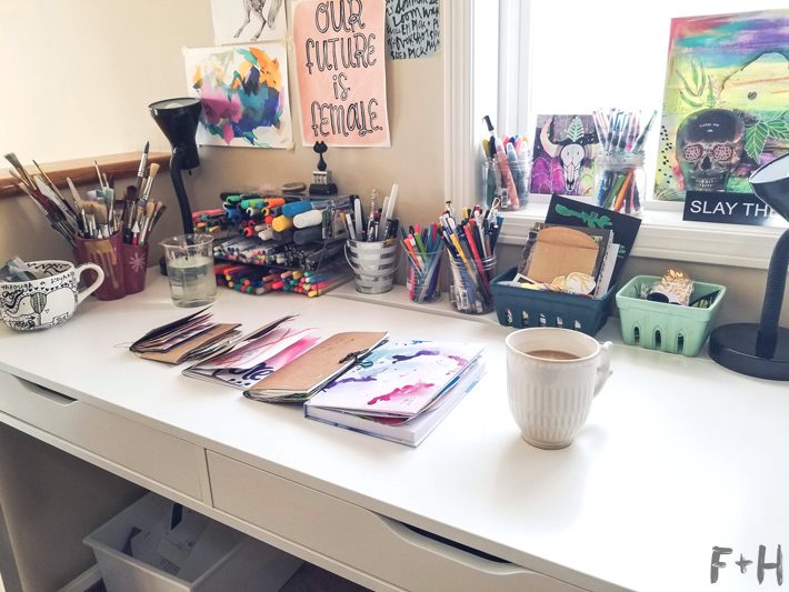 white ikea desk with art supplies