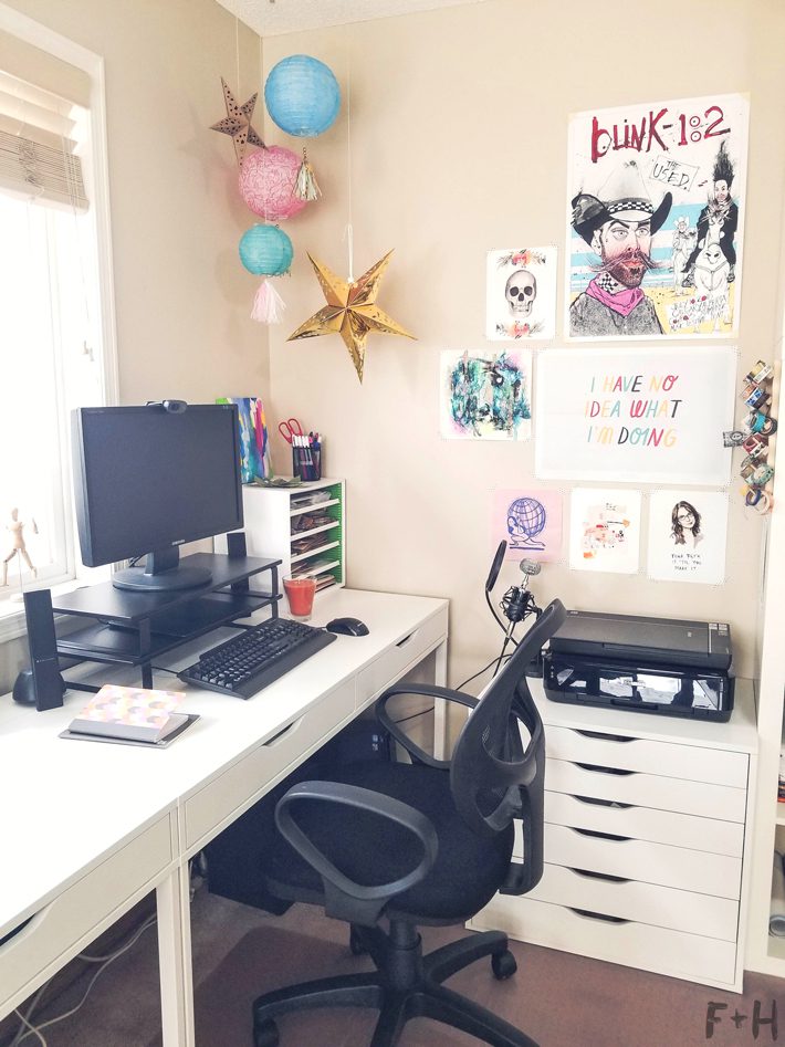 home art studio with ikea desk and drawers