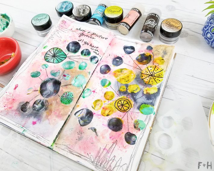 art journal with lindy's stamp gang and stencilgirl