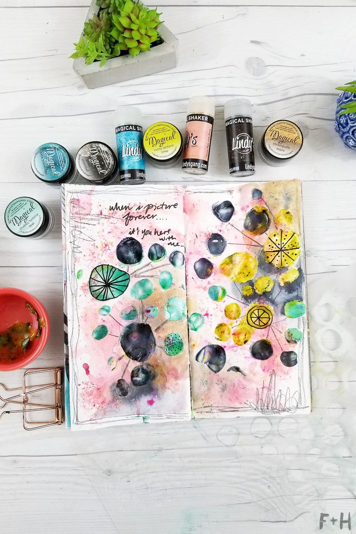 art journal with lindy's stamp gang and stencilgirl