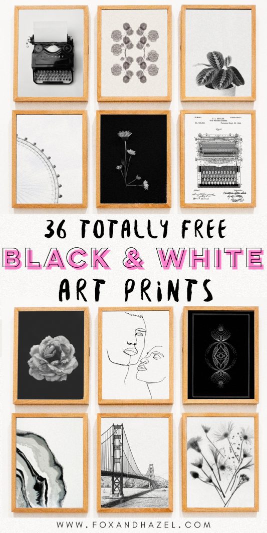 gallery wall of black and white art prints