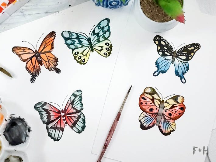 painted watercolor butterflies close up