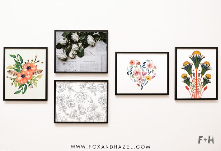 gallery wall of flower art