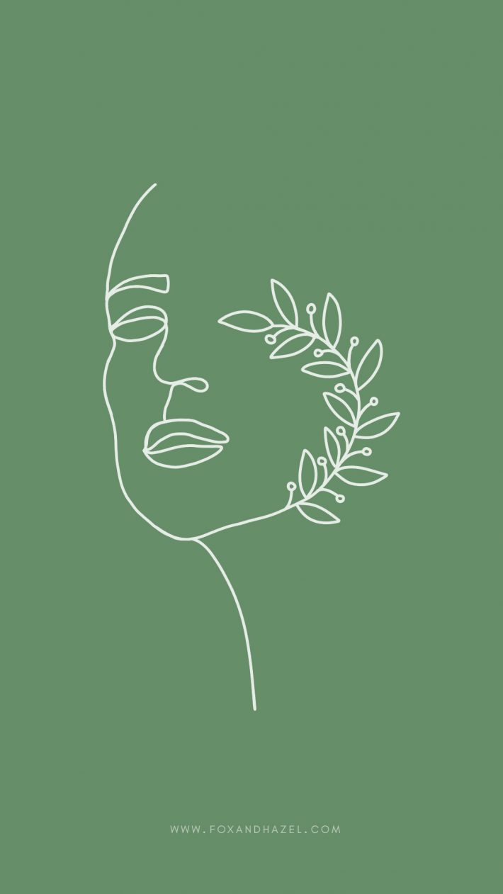 sage green phone wallpaper with line art of woman's face