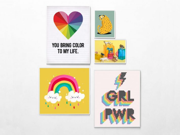 gallery wall of colorful art printables for kids room