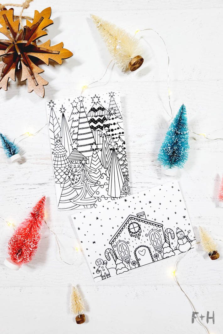 printable coloring christmas cards on white background surrounded by bottle brush trees and twinkle lights
