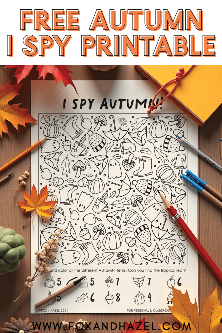 Free I Spy Autumn printable for kids featuring seasonal images like pumpkins, acorns, and leaves. Fun fall-themed activity to keep children entertained