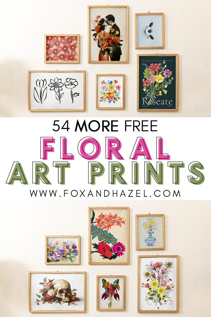 Collection of 54 free floral art prints featuring a variety of colorful flowers, perfect for home decor and DIY projects.