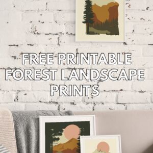 A set of three free forest landscape printable art prints featuring pine trees, mountains, and warm earthy tones