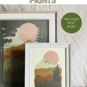 A set of three free forest landscape printable art prints featuring pine trees, mountains, and warm earthy tones