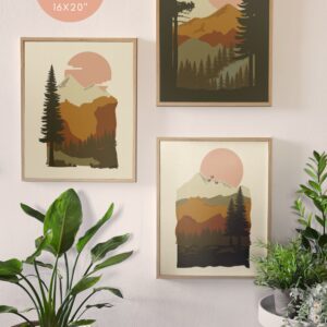 A set of three free forest landscape printable art prints featuring pine trees, mountains, and warm earthy tones