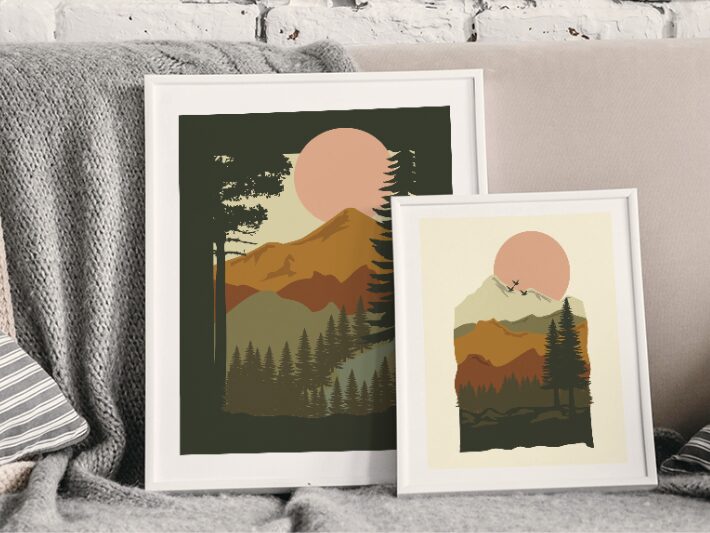 Woodland wall art printable illustration with flat graphic style pine trees and mountain sunset in terracotta and sage