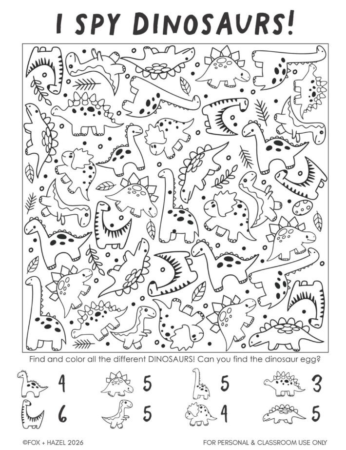 Black and white dinosaur I spy printable – fun dino activity sheet